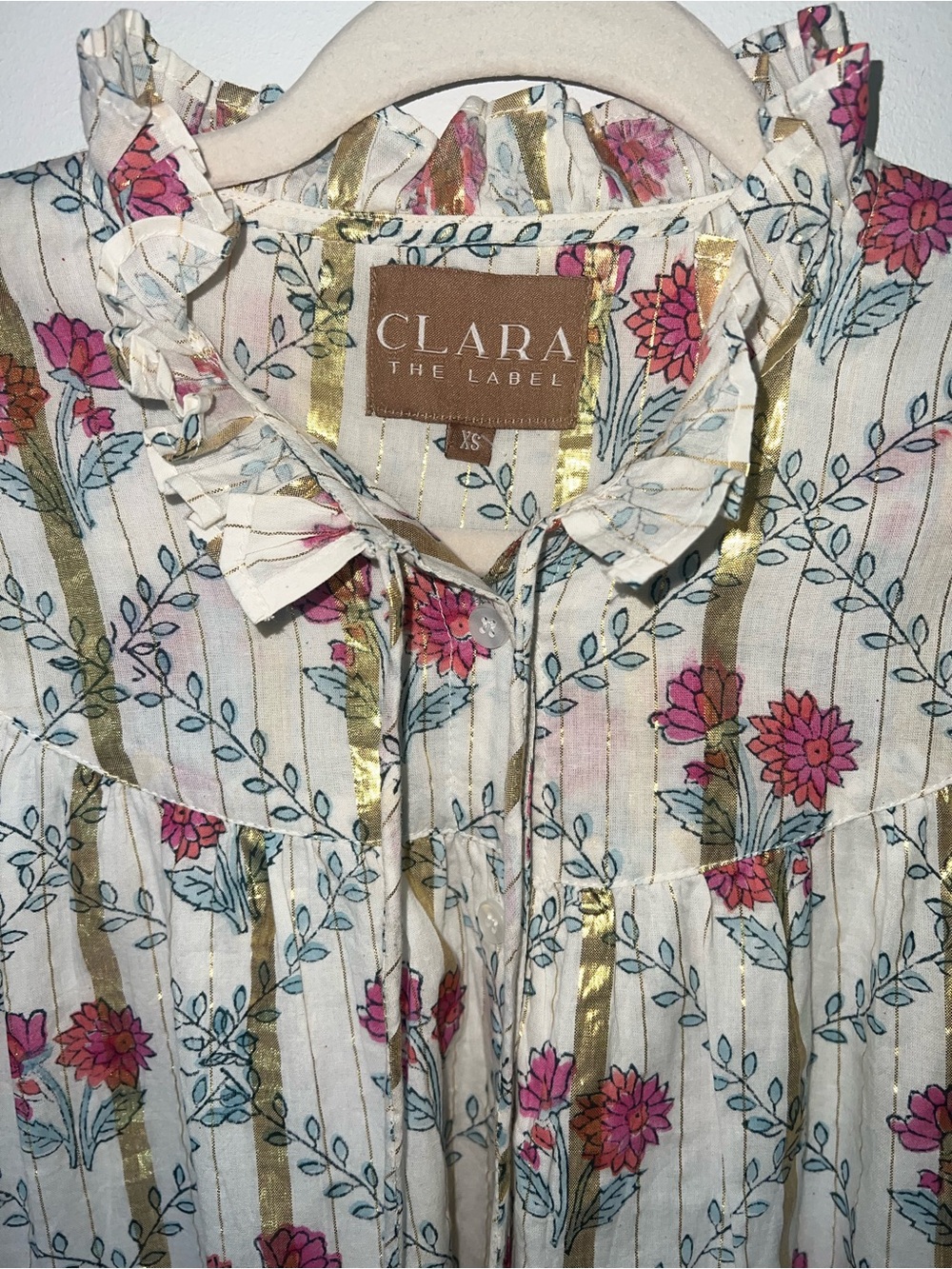 CLARA The Label Women's Floral Ruffle Blouse in White with Pink Flowers